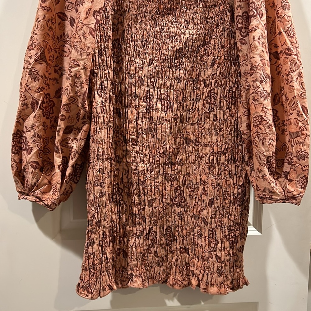 NWOT Free People Floral Smocked tube elastic BodyCon Mini Dress puff sleeves L - Picture 3 of 9